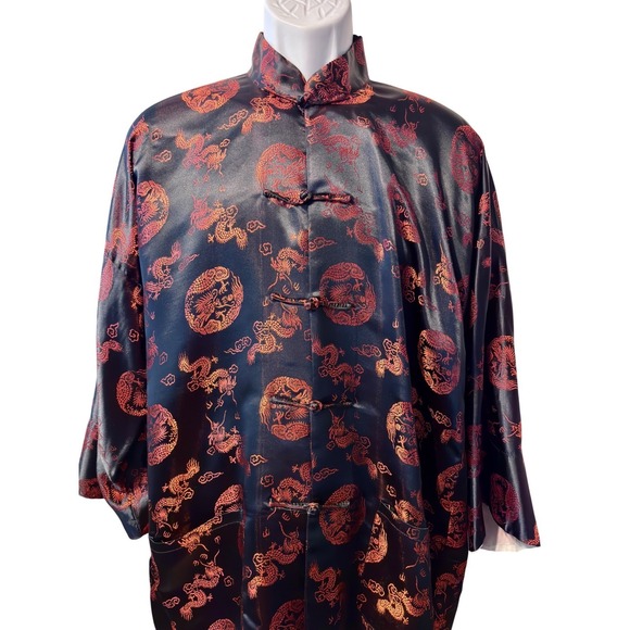 Golden Dragon Mens XL Tang Suit Set Black Orange Brocade Dragon Print 2 piece 46
